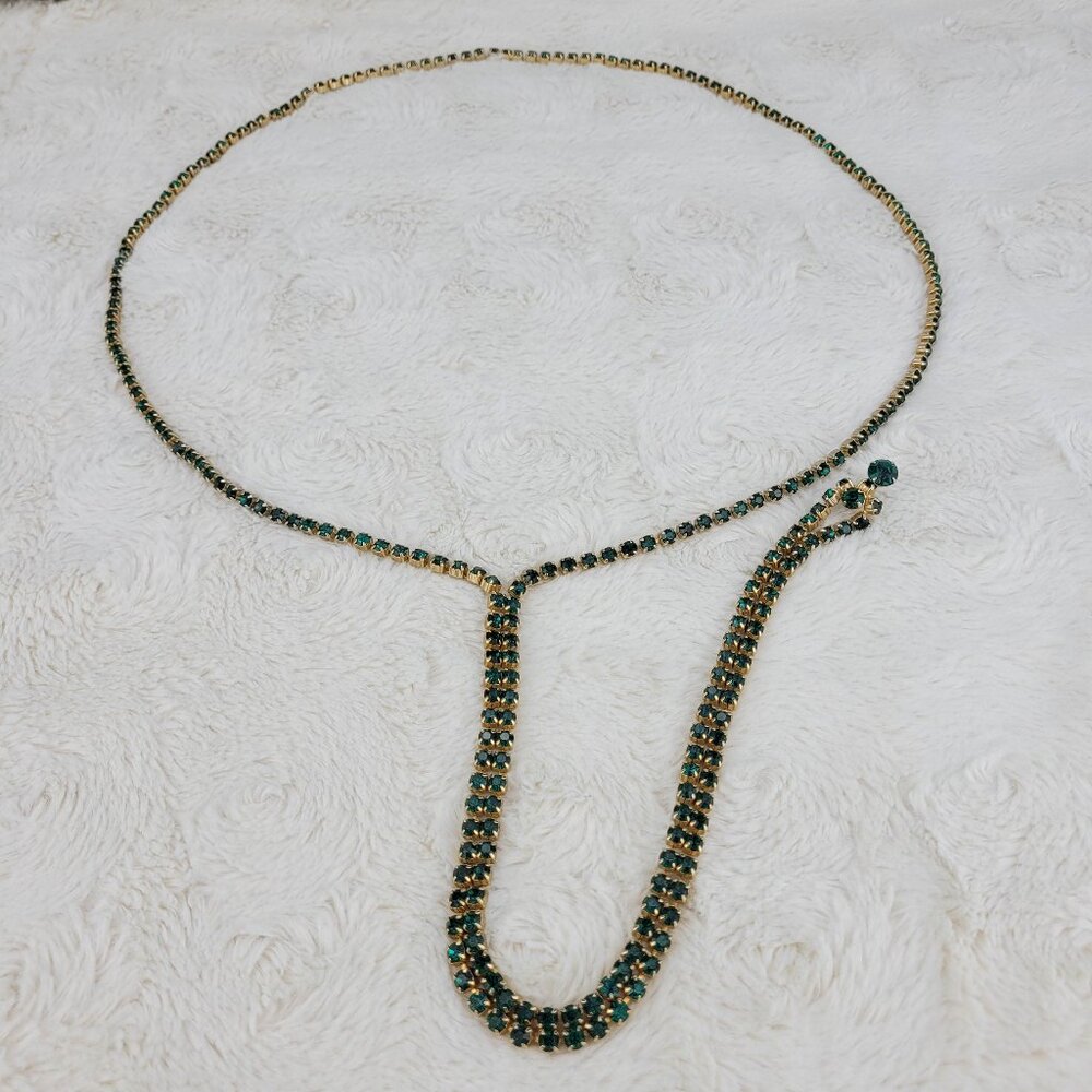 1950's Vintage Green Rhinestone Extra Long Necklace with Center Drop